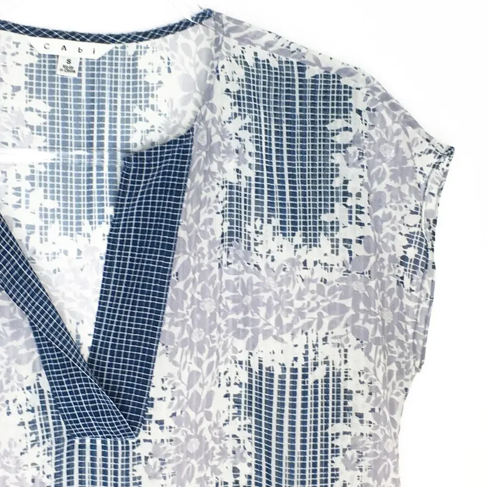 CAbi 278 Womens Size Small Printed Stitch Placket‎ Blouse Top Blue Purple Sheer
